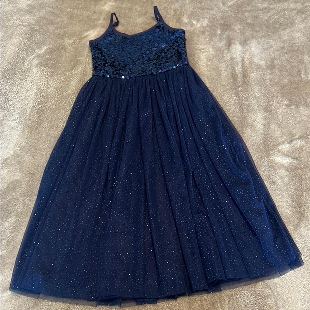 Blue Sequin Embellished Spaghetti Strap Formal Dress